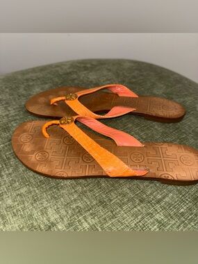 Tory Burch Orange Logo Thora Thong Sandals Leather 9.5